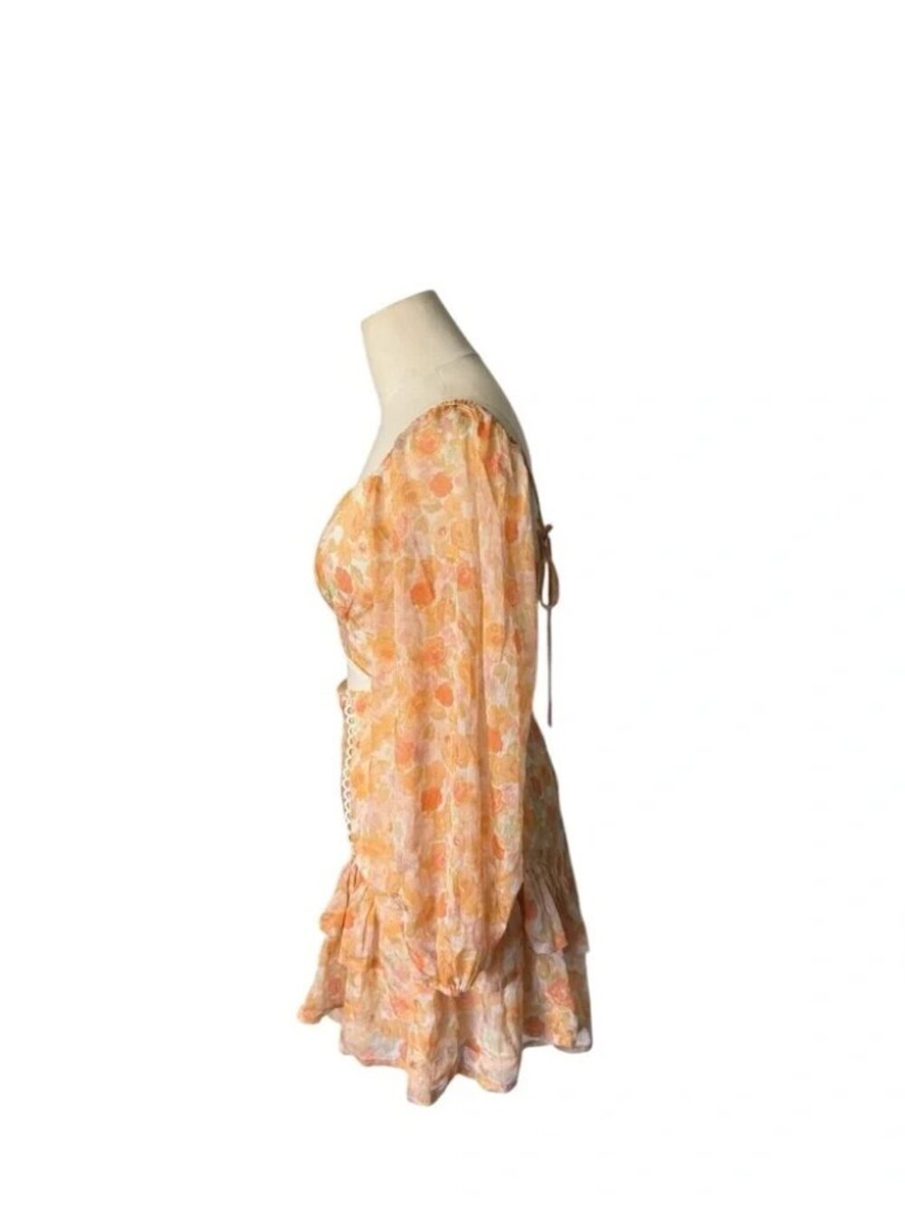 Saints + Secrets Floral Cut-Out Mini Dress Size Small | Puff Sleeve Ruffle Dress - Picture 3 of 8